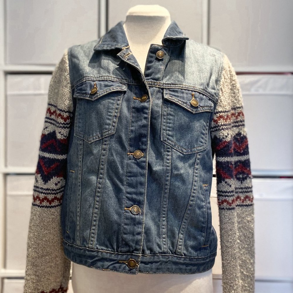 Forever 21 Denim Jean Jacket with Knit Sweater Arms